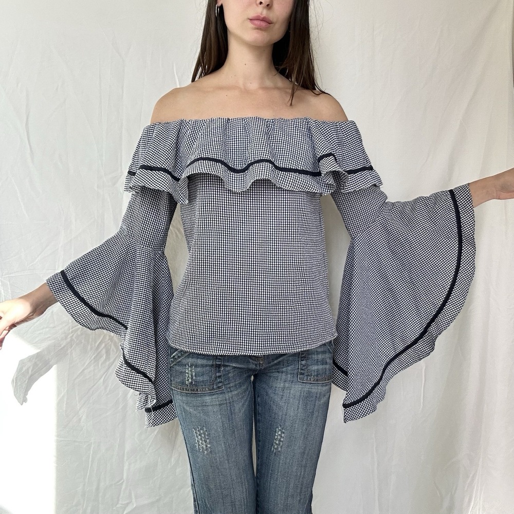 Liquid By Sioni Off Shoulder Gingham Plaid Top Bell Sleeve Navy Coquette Dainty